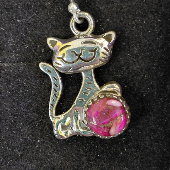 Silver Cat Earrings with Pink Dahlia Stones - Picture 3 of 5